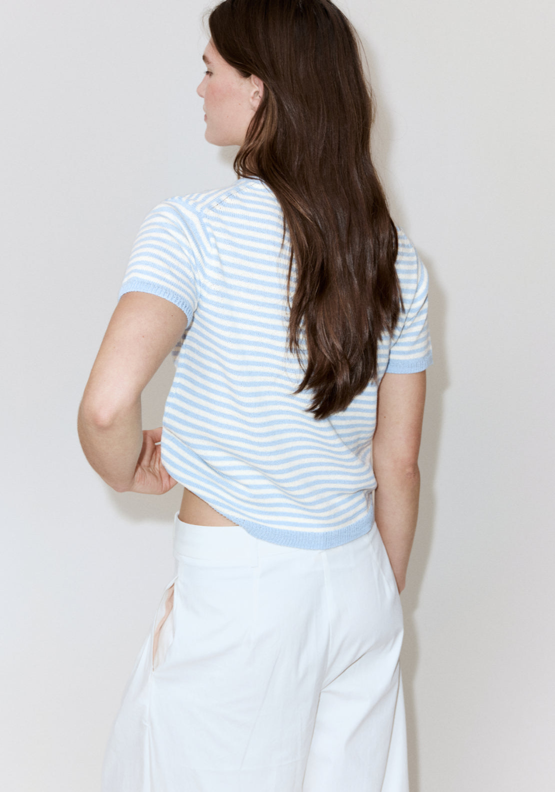 Striped Short Sleeved Sweater - Pastel Blue