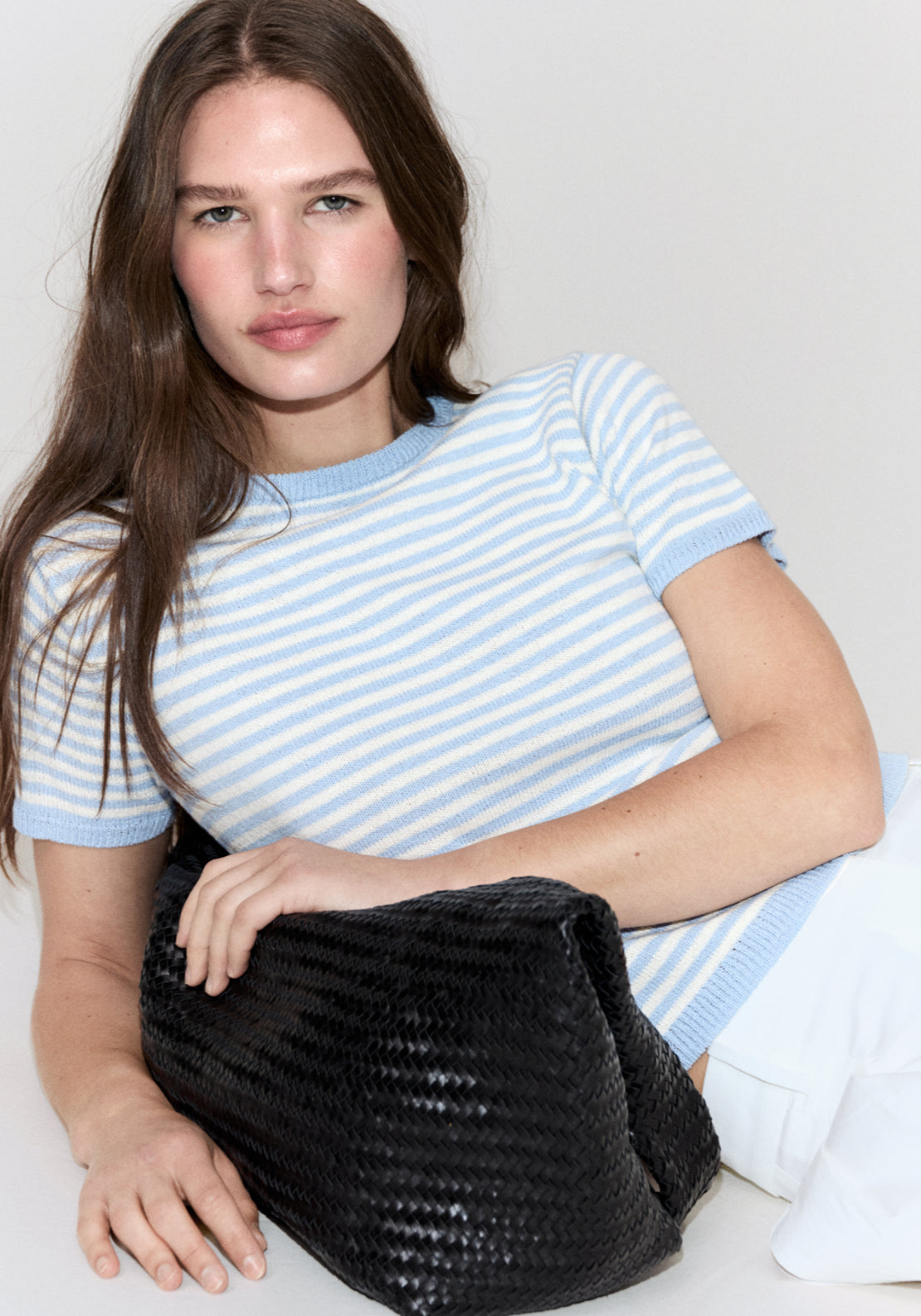 Striped Short Sleeved Sweater - Pastel Blue