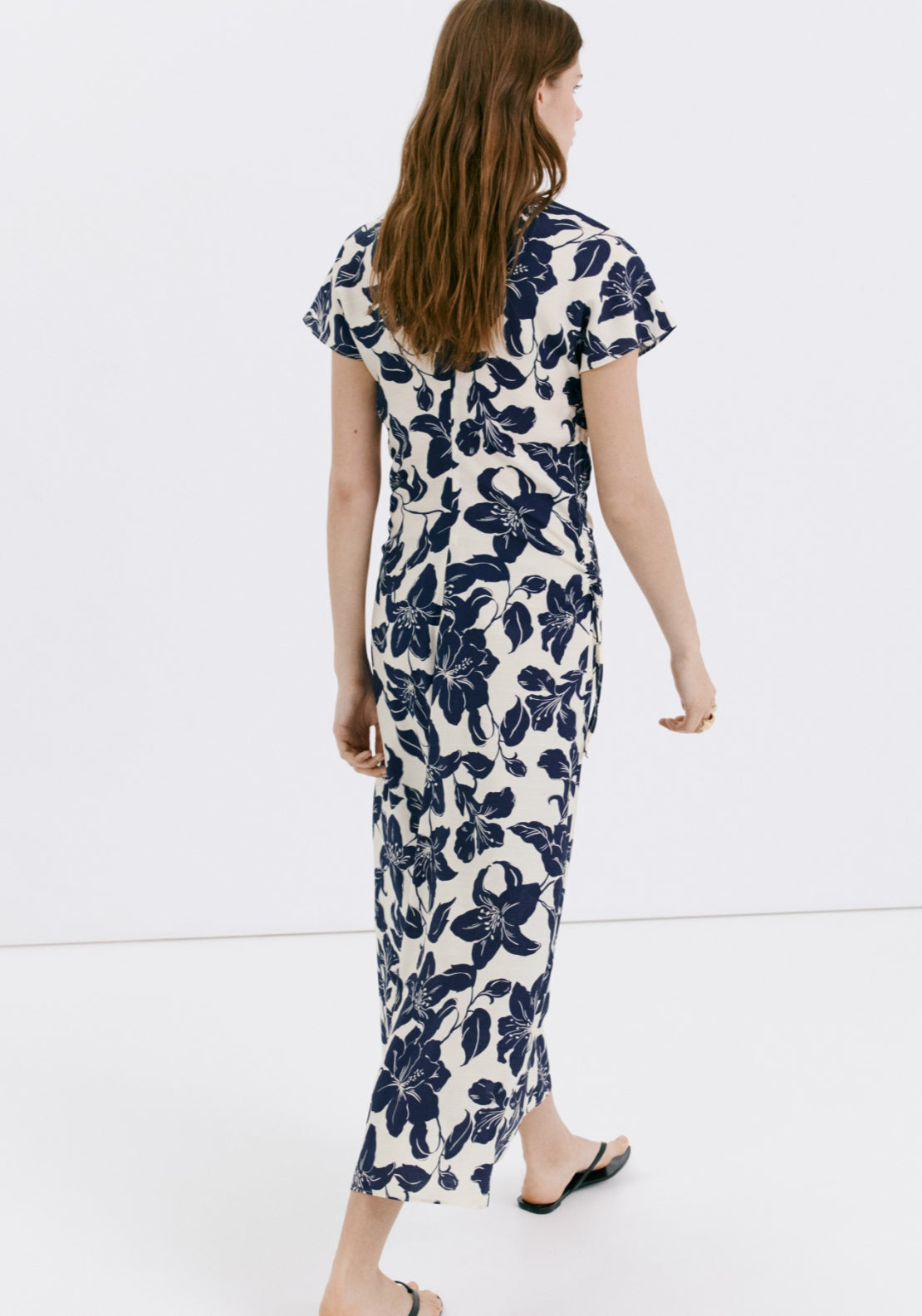 Side Ruched Floral Dress - Cream/navy