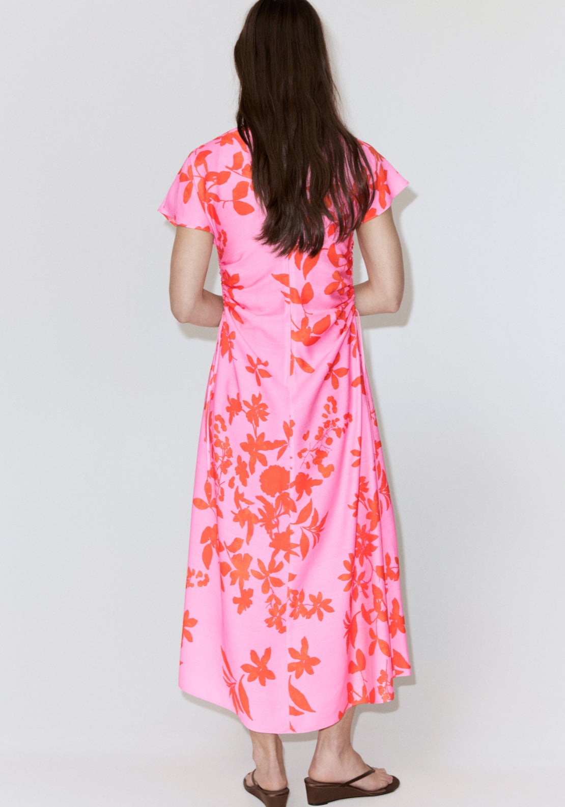 Side Ruched Floral Dress - Pink
