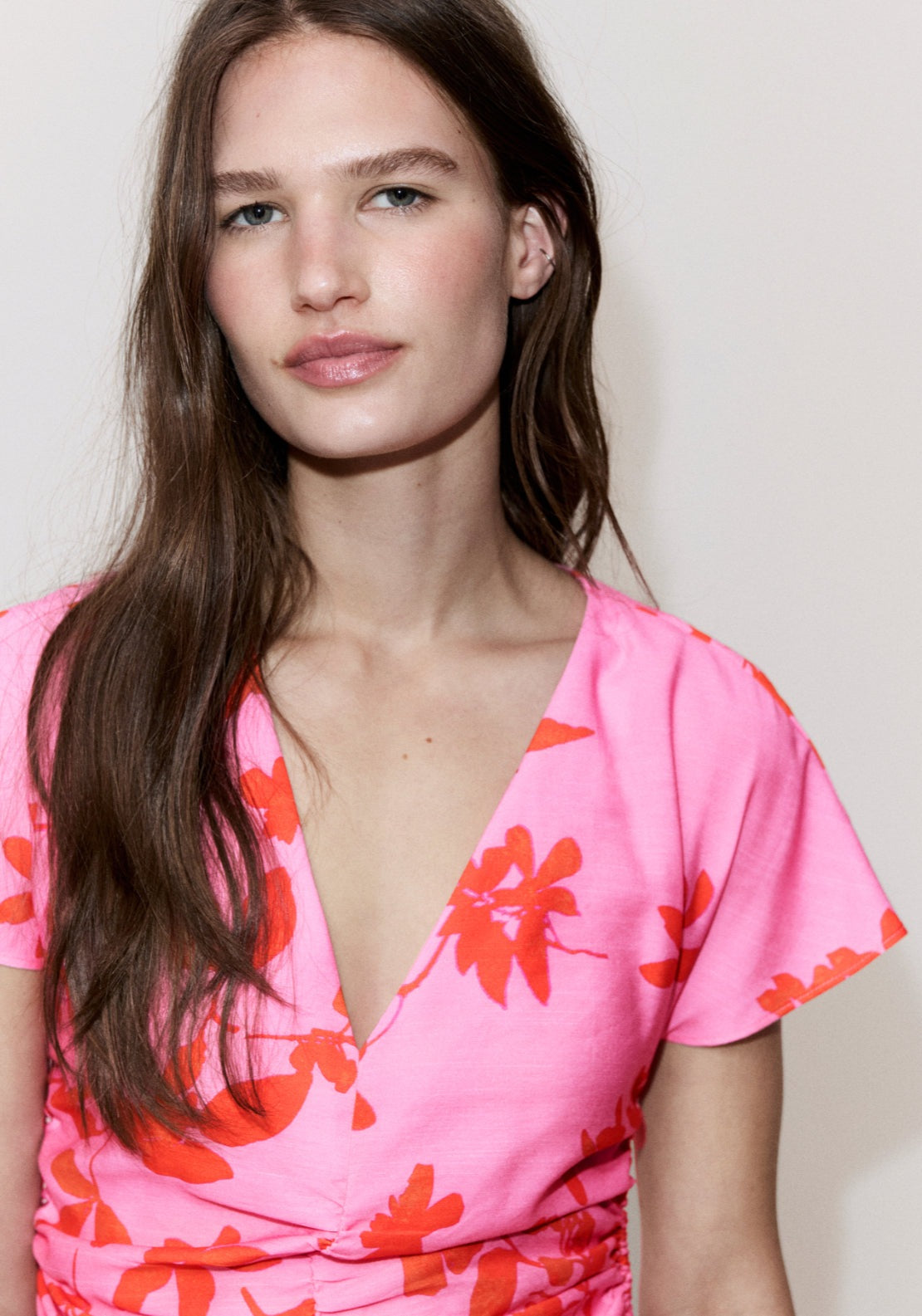 Side Ruched Floral Dress - Pink
