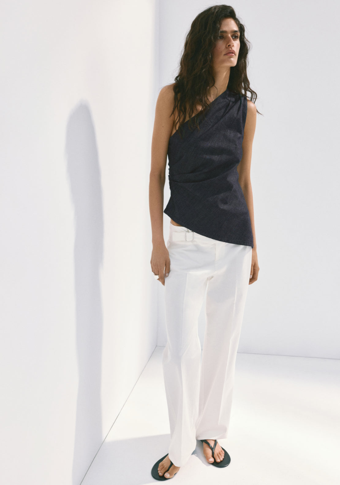 Asymmetric 100% Cotton Denim Top - Denim Blue