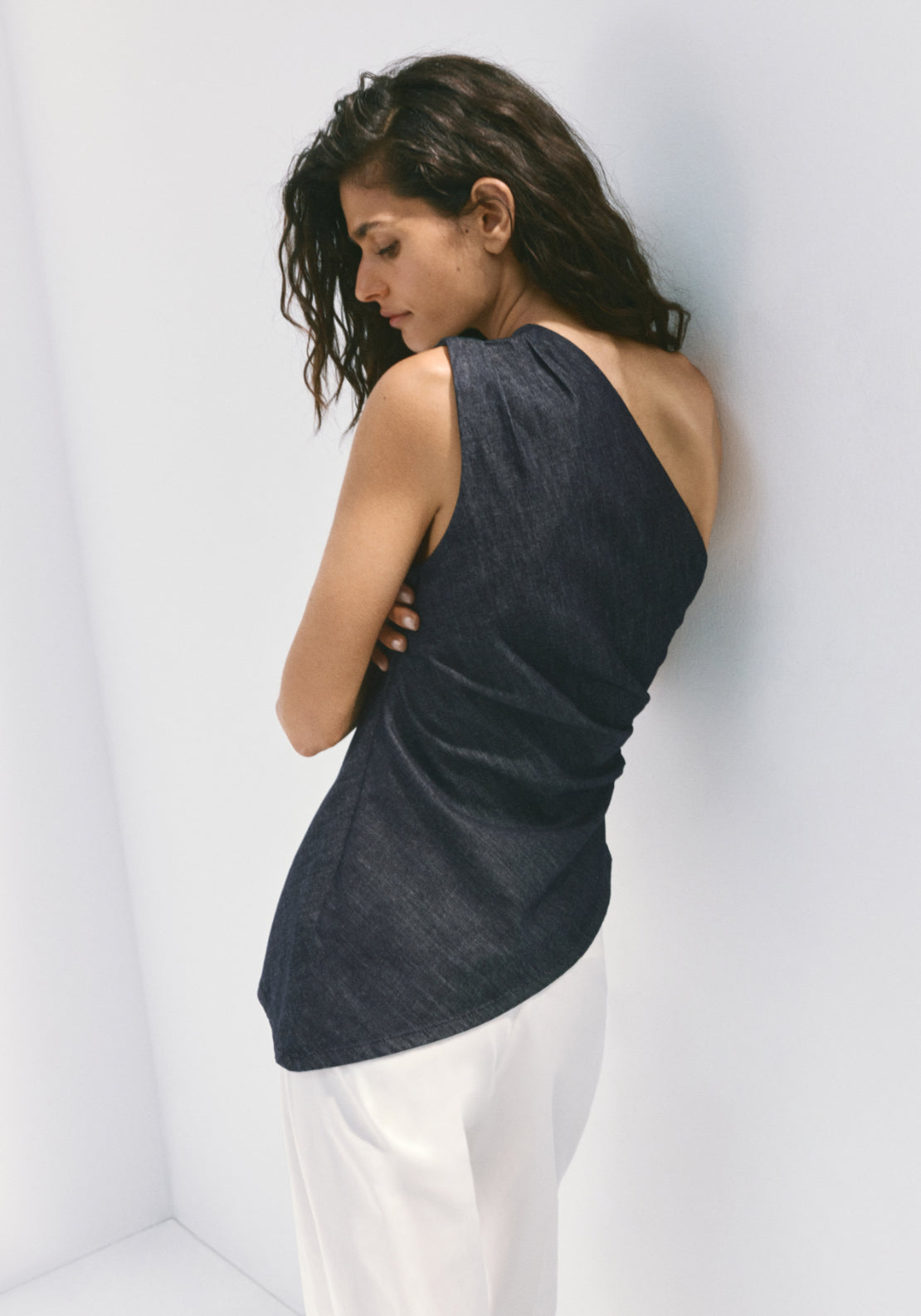 Asymmetric 100% Cotton Denim Top - Denim Blue