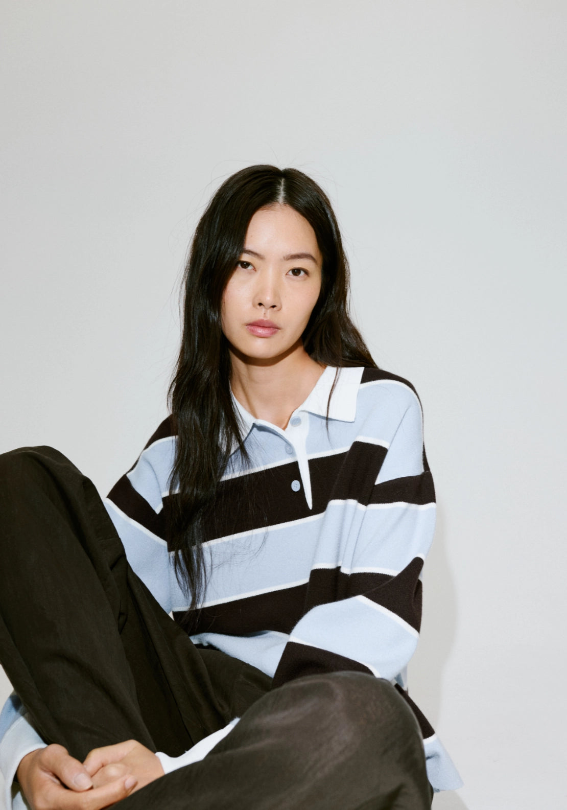 Polo Neck Stripe Sweater - Blue