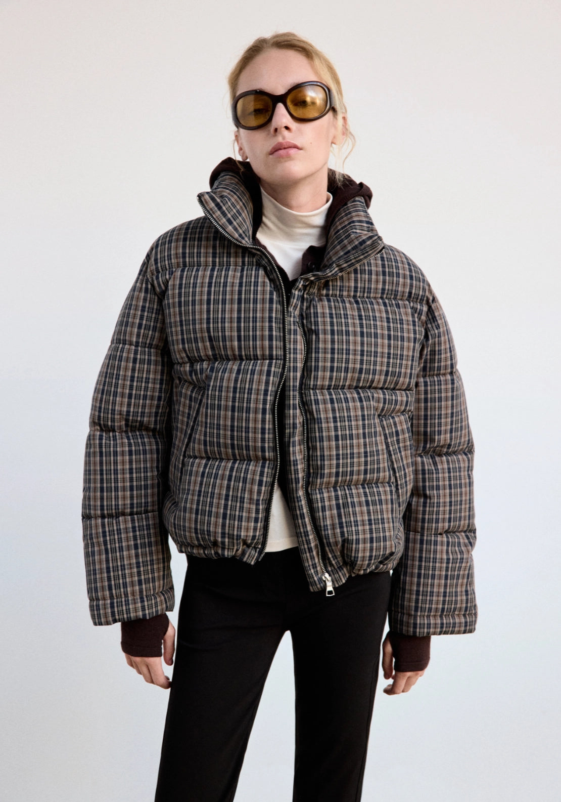 Checked Funnel Neck Anorak Jacket - Blue