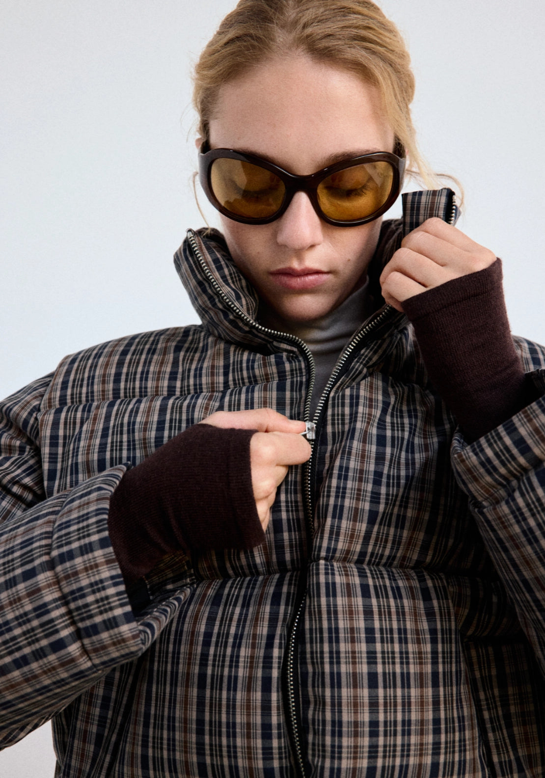 Checked Funnel Neck Anorak Jacket - Blue
