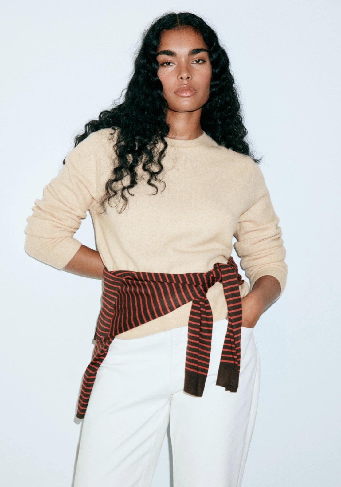 Knitted Sweater With Crew Neck - Beige