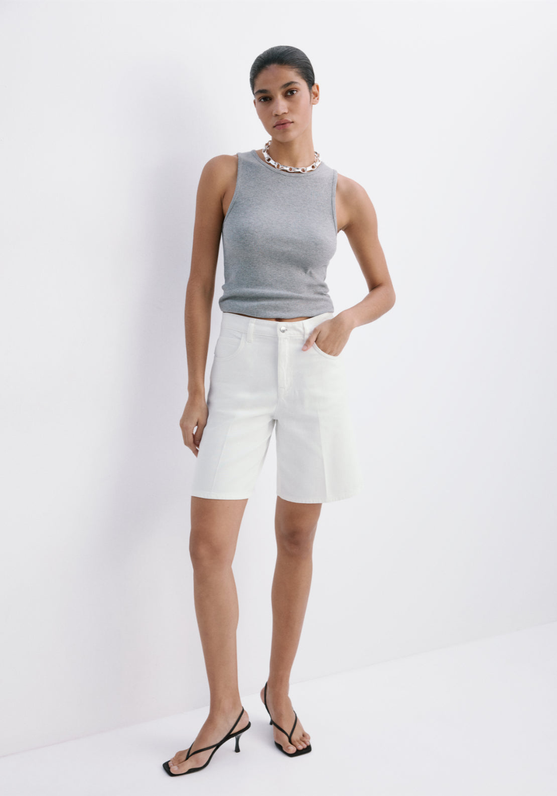 Straight Fit Denim Bermuda Shorts - White