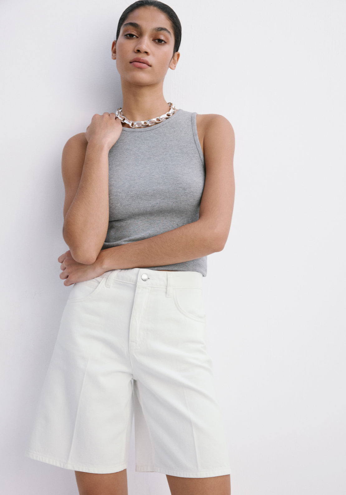 Straight Fit Denim Bermuda Shorts - White