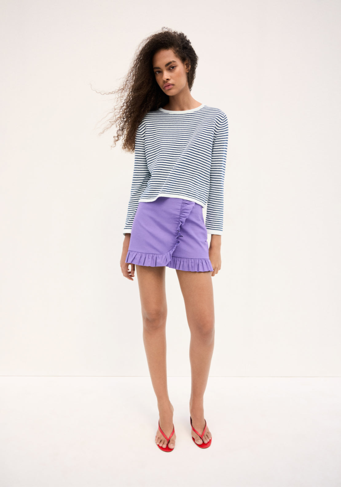 Knit Striped Cotton Blend Sweater - Blue