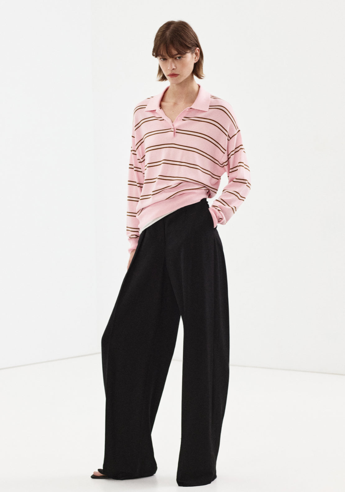 Polo Neck Striped Sweater - Pink