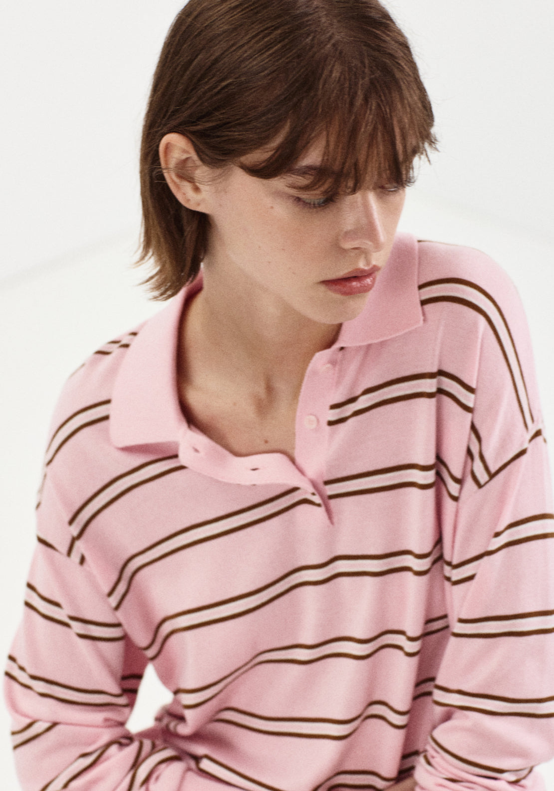 Polo Neck Striped Sweater - Pink
