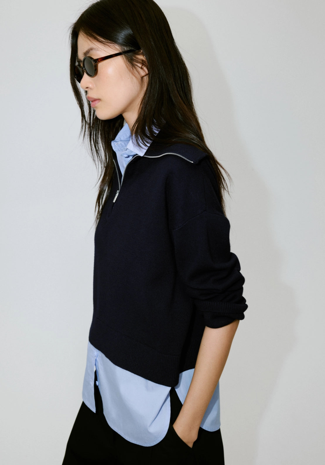 Layered Shirt Knit Sweater - Blue