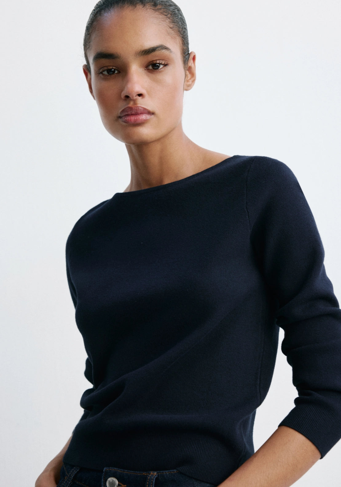Fine Knit Boat Neck Sweater - Blue