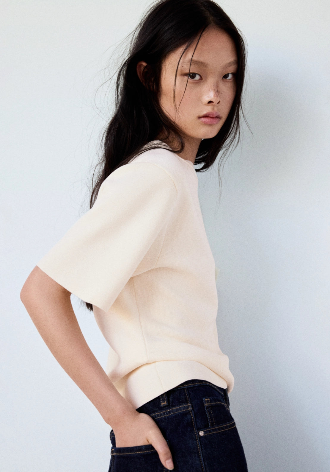 Short Sleeved Fine Knit Sweater - Cream