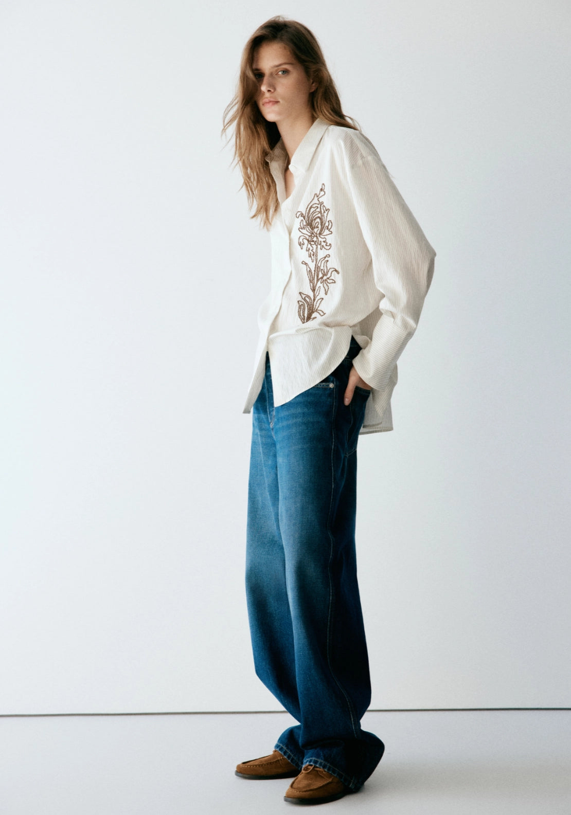 Striped Shirt With Floral Embroidery - Cream