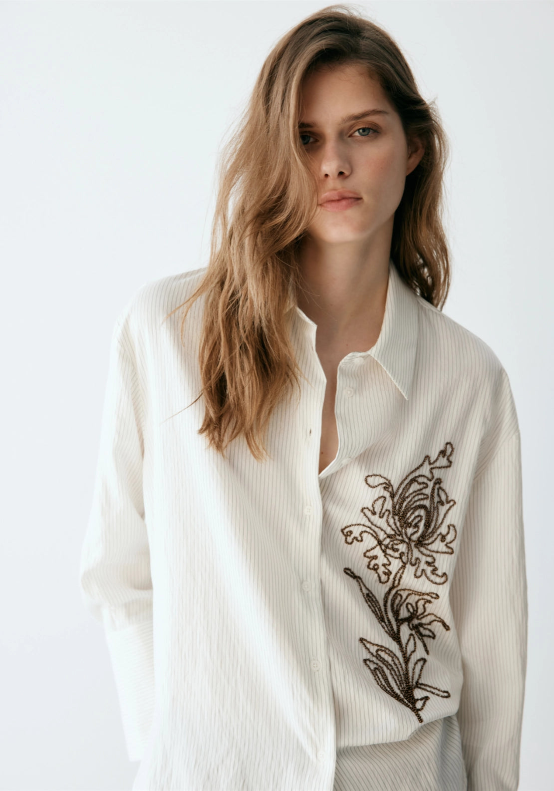 Striped Shirt With Floral Embroidery - Cream