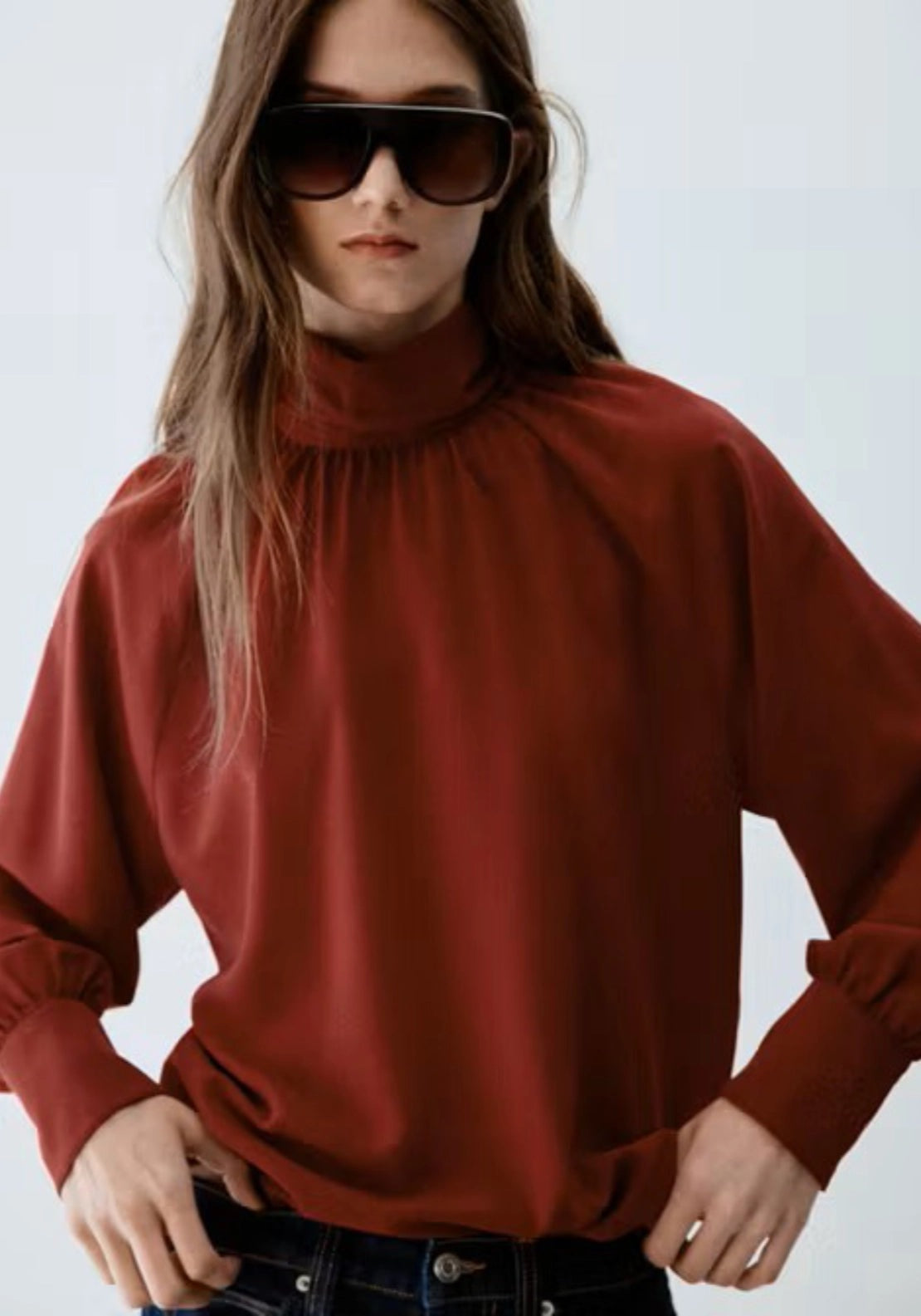 Mango Ruched High Neck Blouse - Burgundy 1 Shaws Department Stores