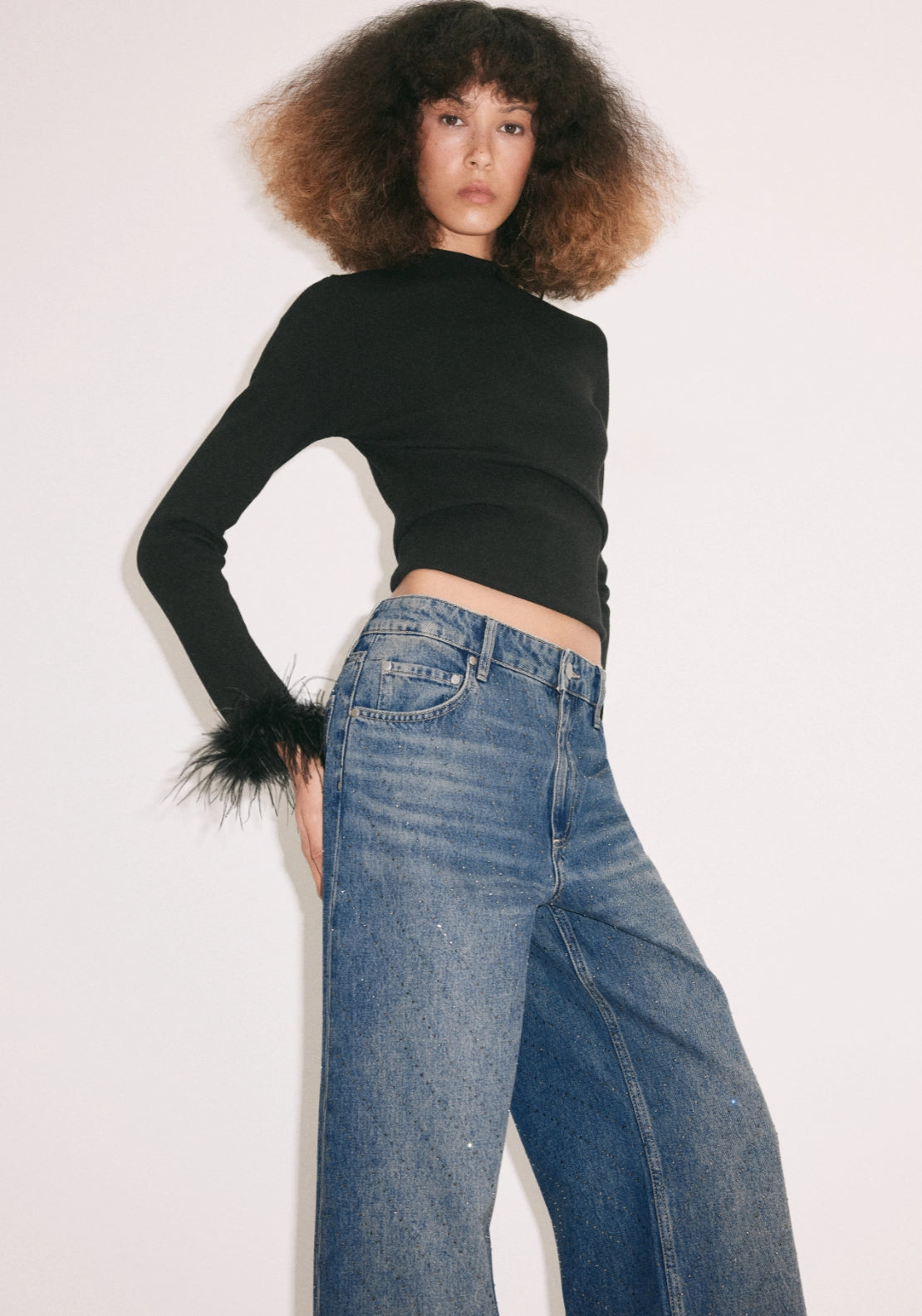 Straight Jeans Rhinestone Details - Denim Blue