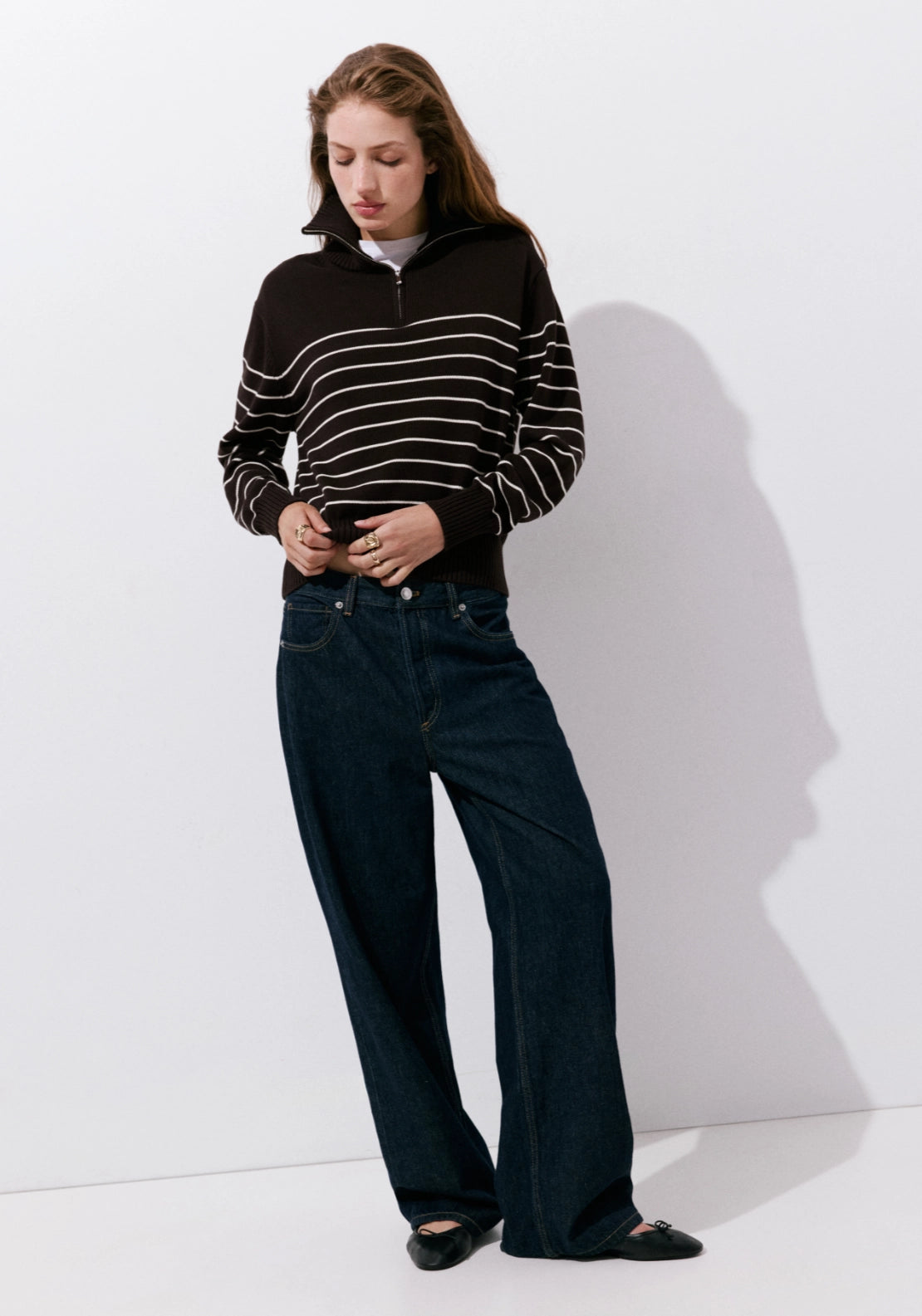 Striped Sweater With Zip - Brown