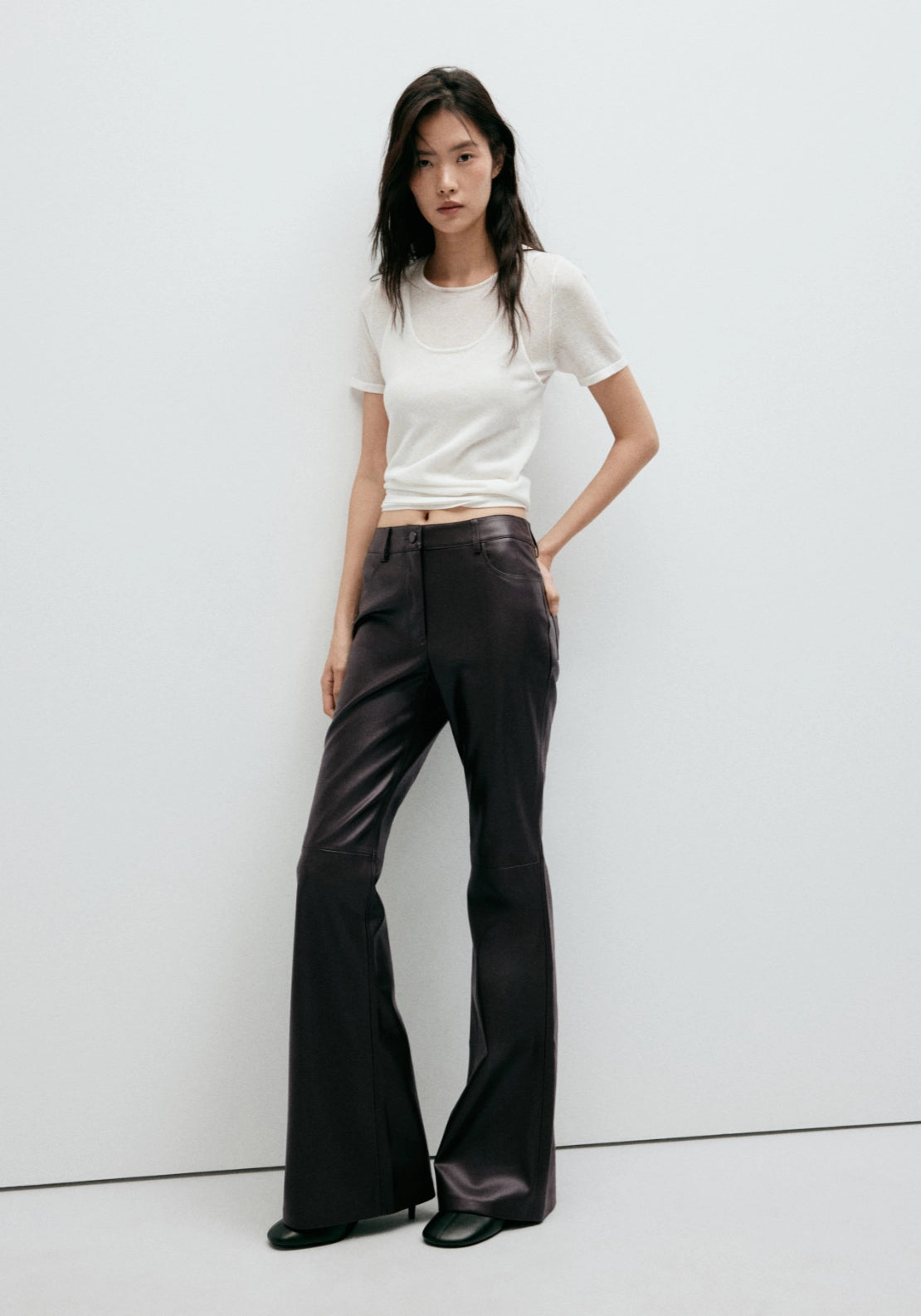 Faux Leather Flared Trousers - Brown