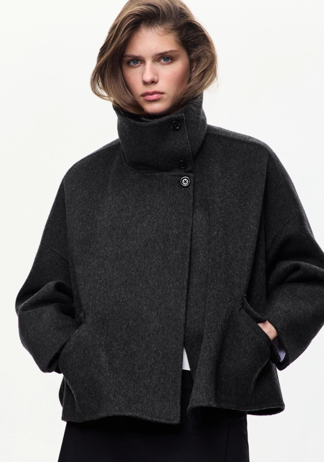 Wool Jacket With Funnel Neck - Grey