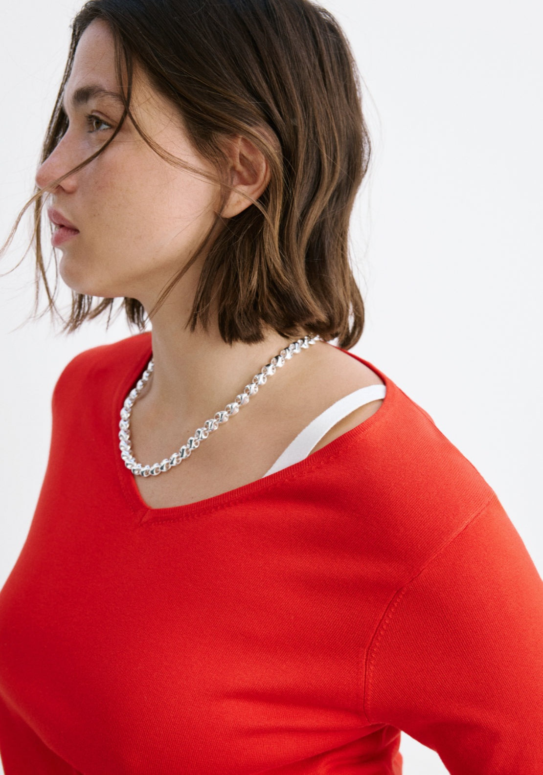V-Neck Knit T-Shirt - Red