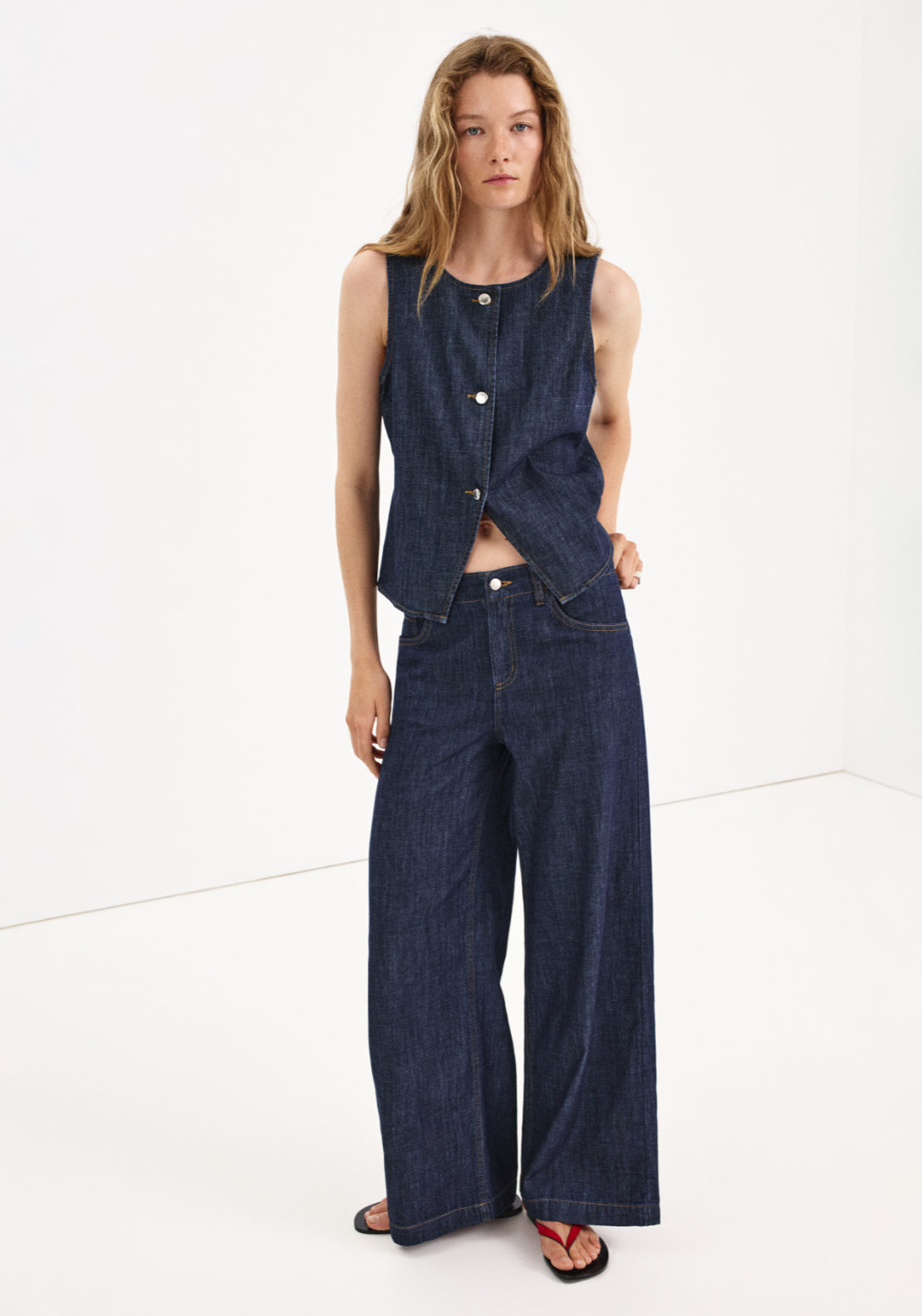 Wide Leg Rinse Wash Jeans - Denim Blue