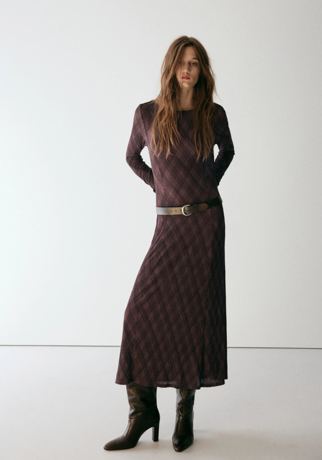 Long Sleeve Plaid Dress - Brown