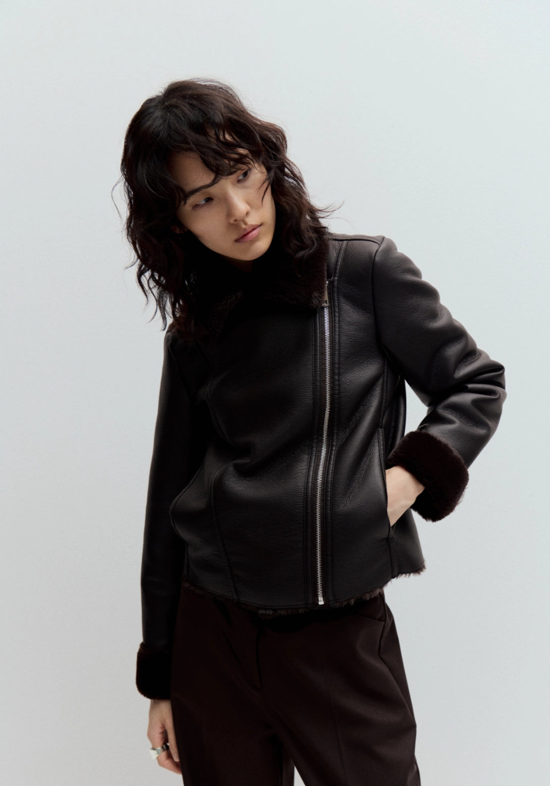 Faux Fur Biker Jacket - Brown