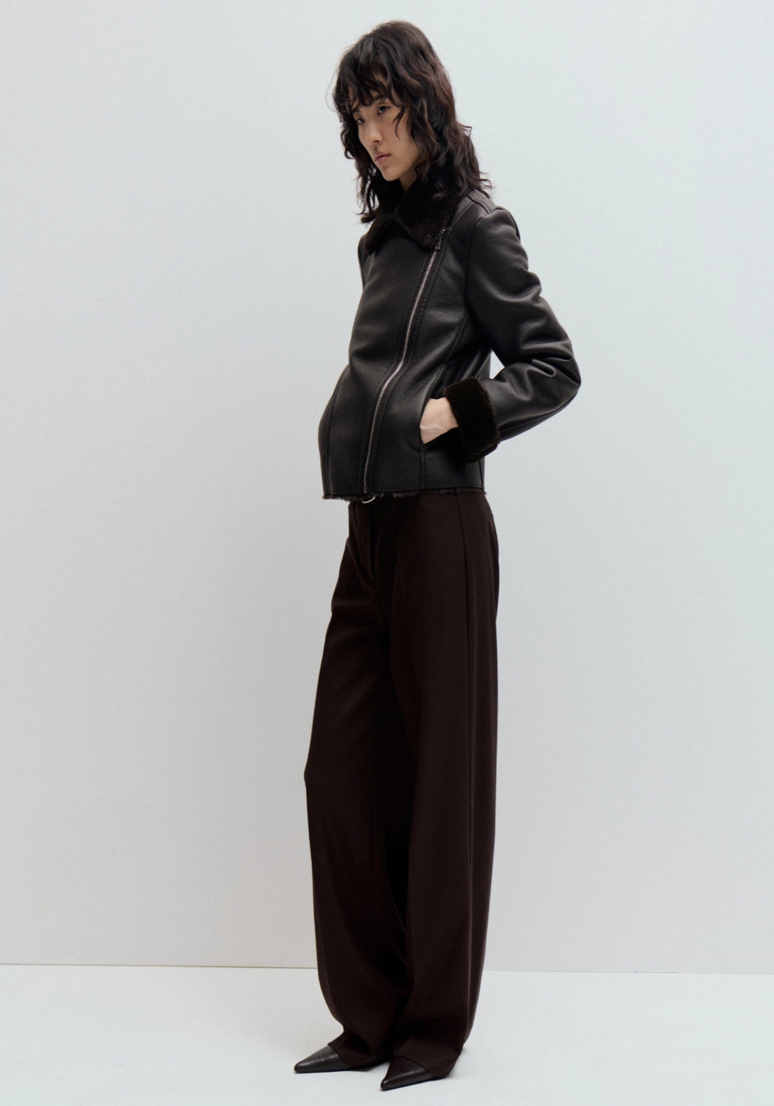 Faux Fur Biker Jacket - Brown