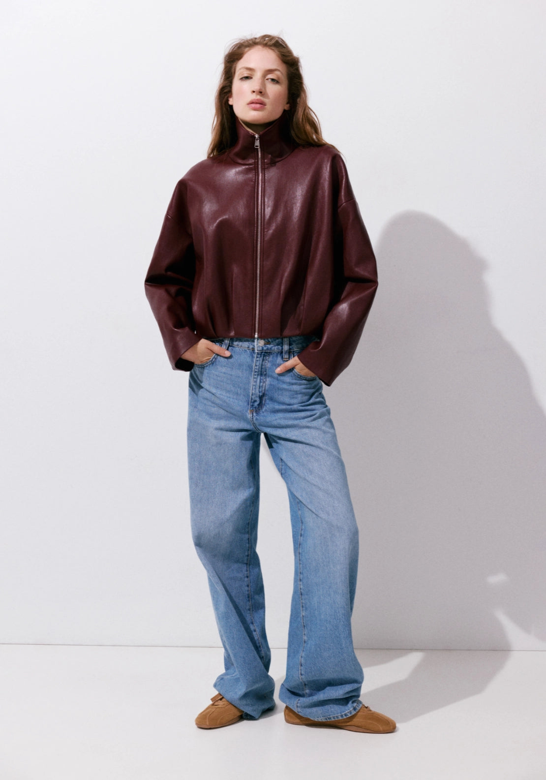 Faux Leather Funnel Neck Jacket - Burgundy