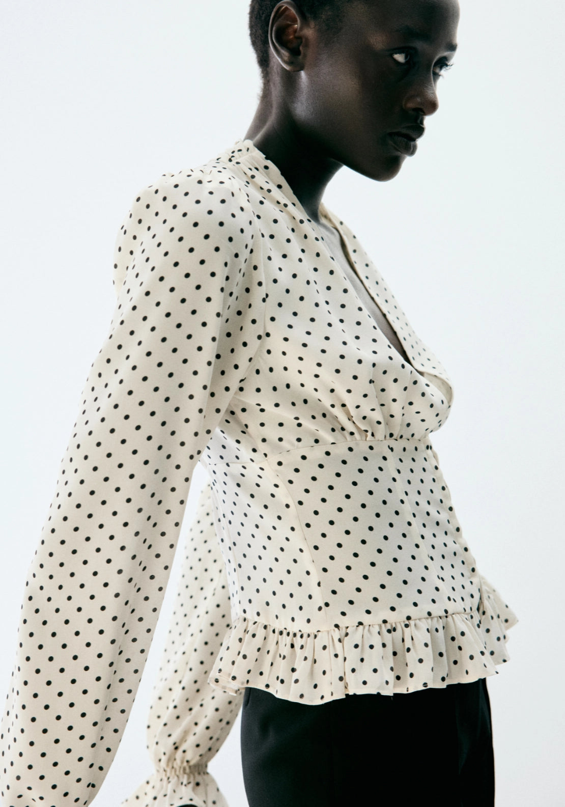 Polka Dot V-Neck Blouse - Cream