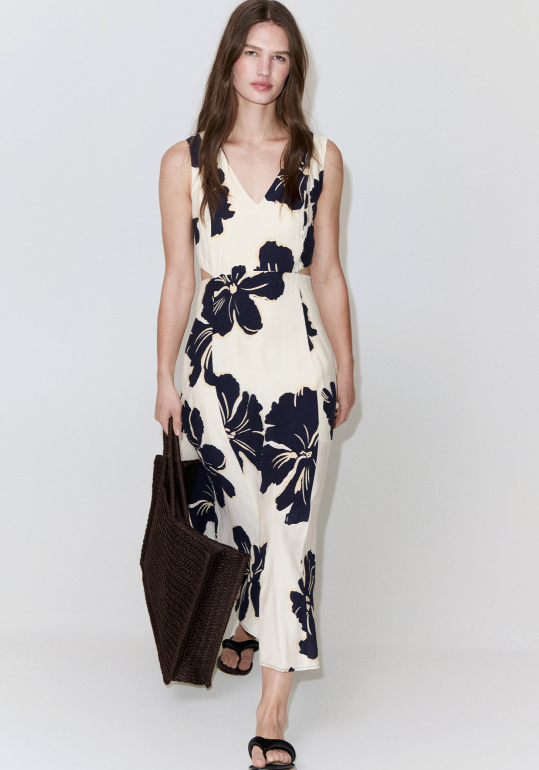 Floral Print Cut-Out Dress - Cream