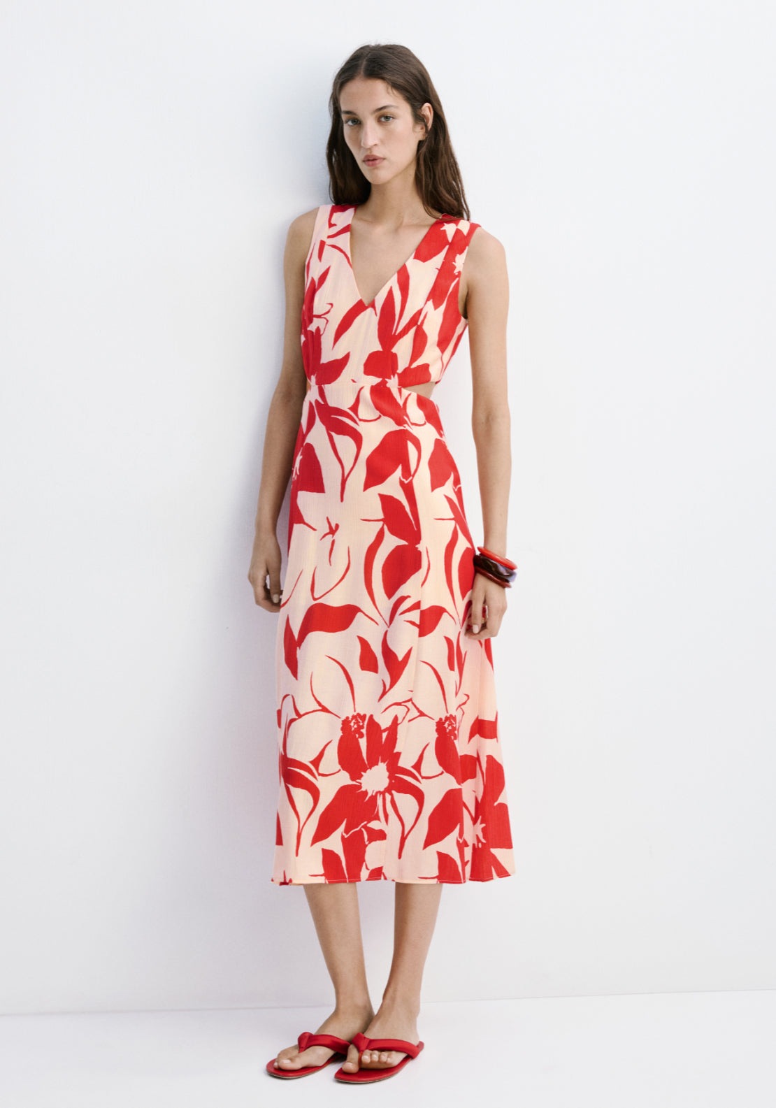 Floral Print Cut-Out Dress - Red