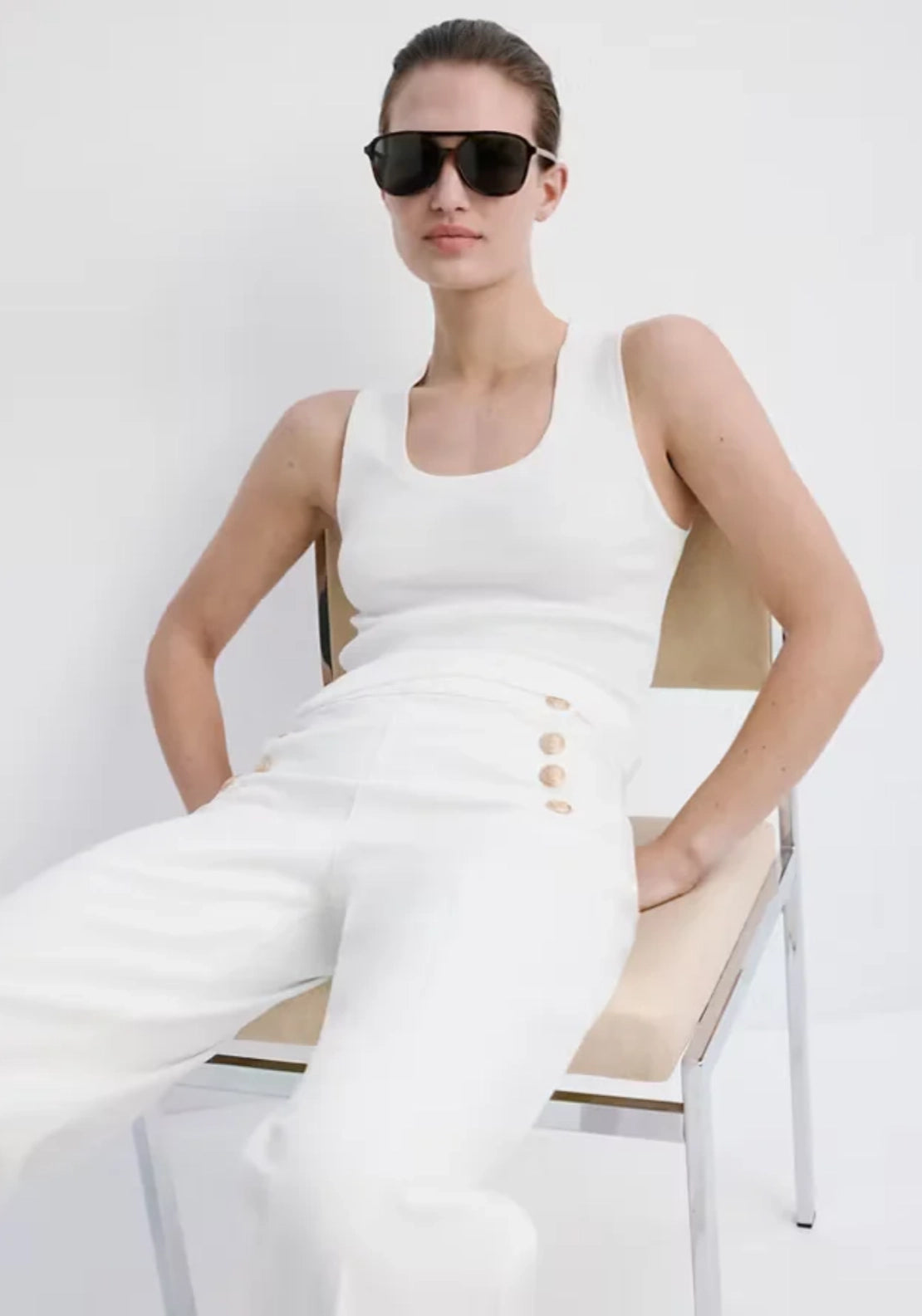 Wide Leg High Waist Jeans With Side Buttons - White