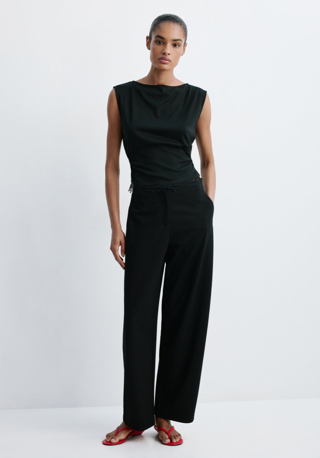 Sleeveless Rusched Top Lace Trim - Black