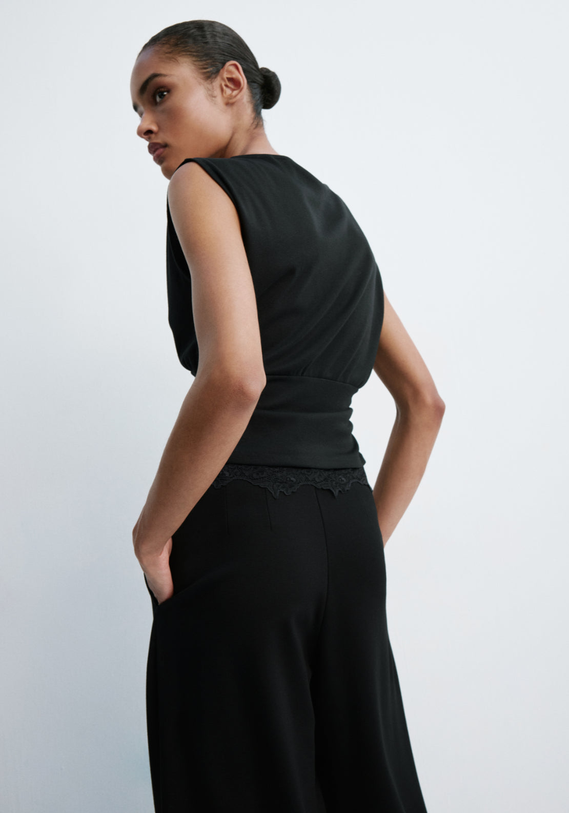 Sleeveless Rusched Top Lace Trim - Black