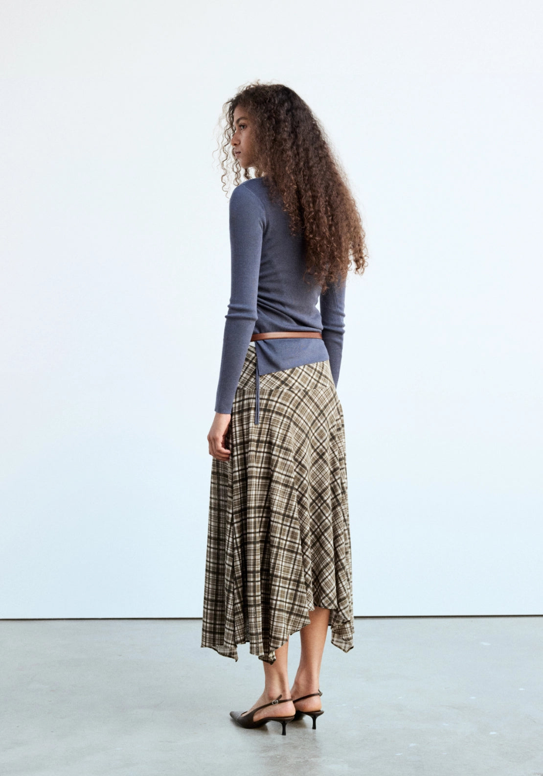 Check Print Asymmetric Skirt - Brown