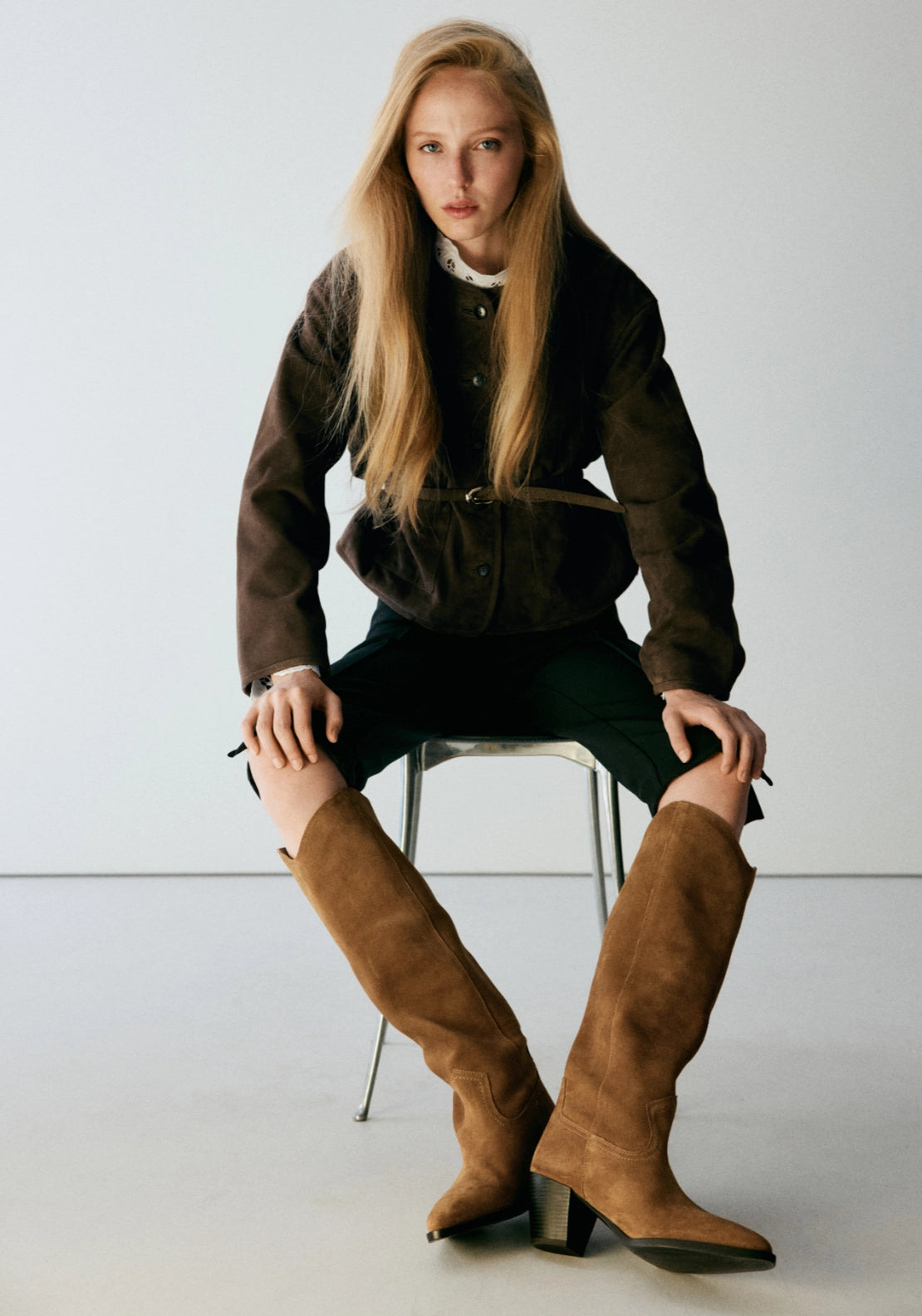 Suede Block Heel Boots - Brown