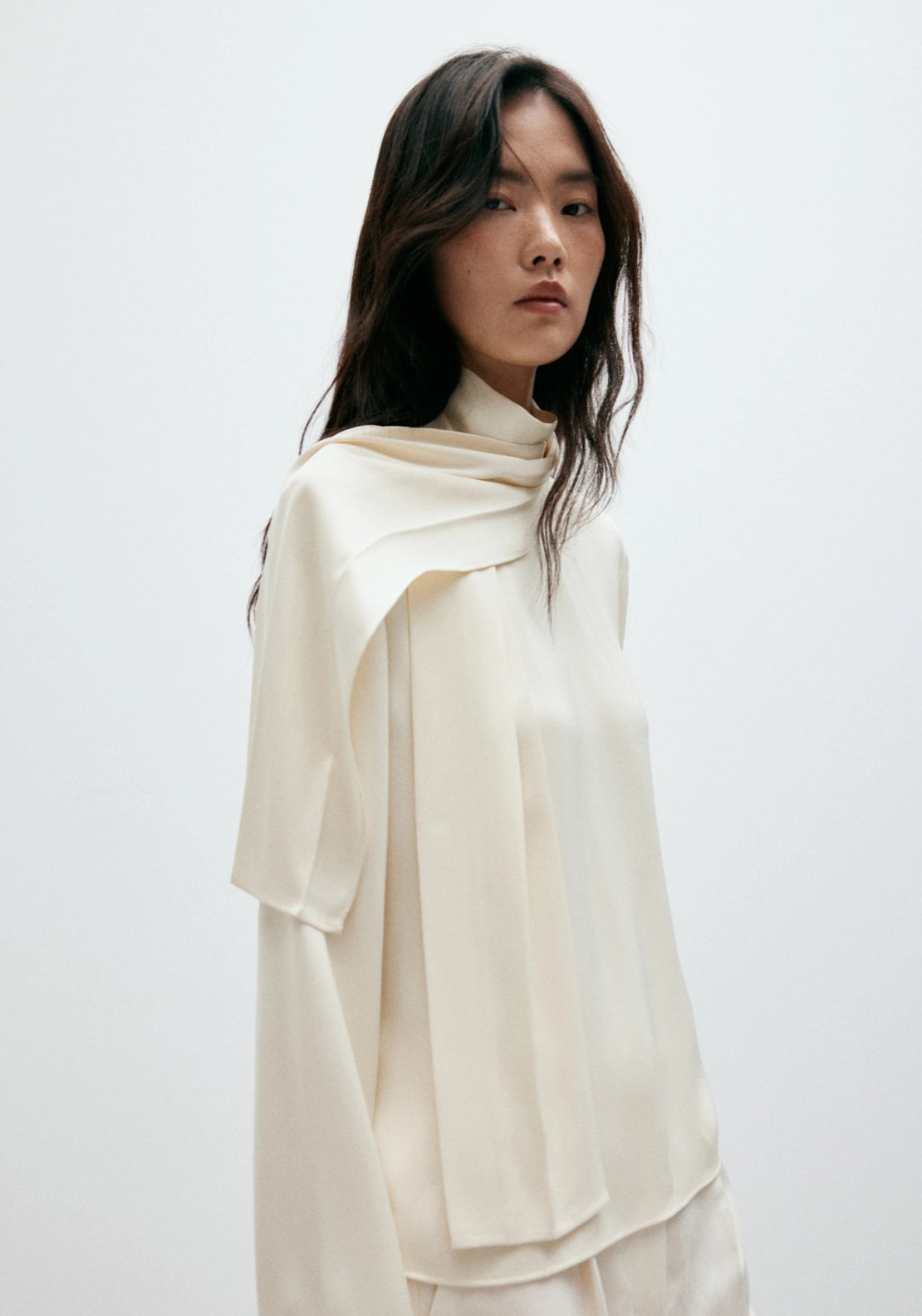 High Neck Blouse With Scarf Detail - Cream