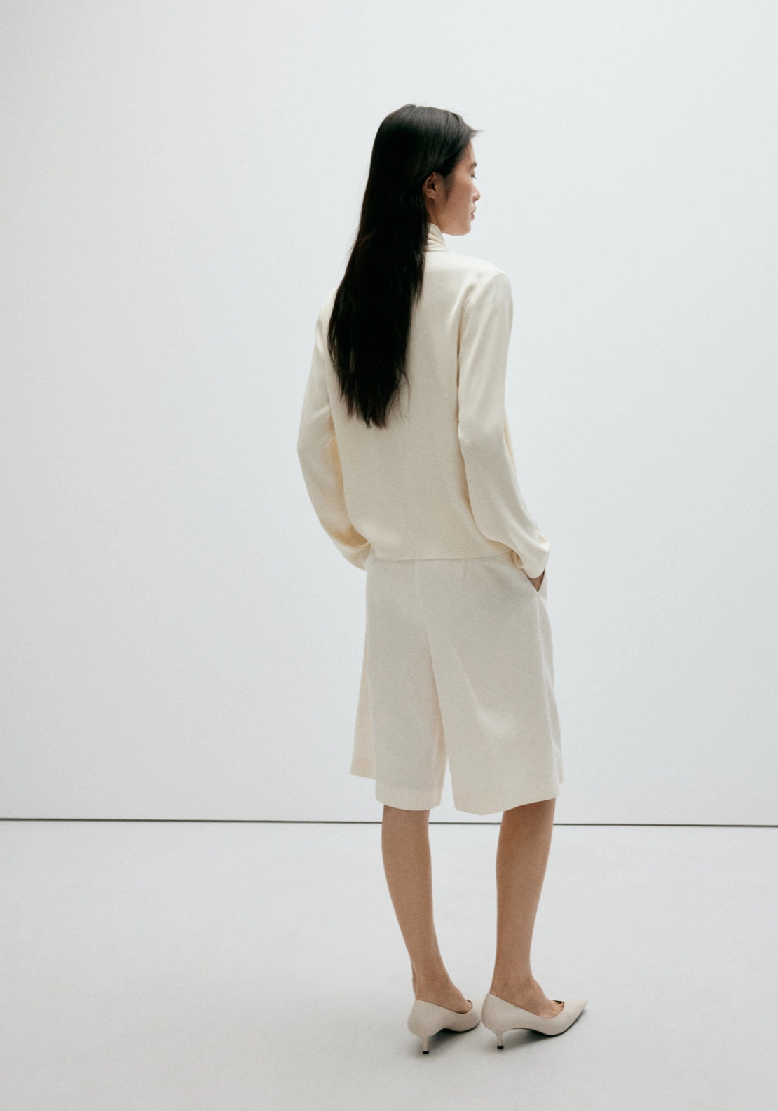 High Neck Blouse With Scarf Detail - Cream