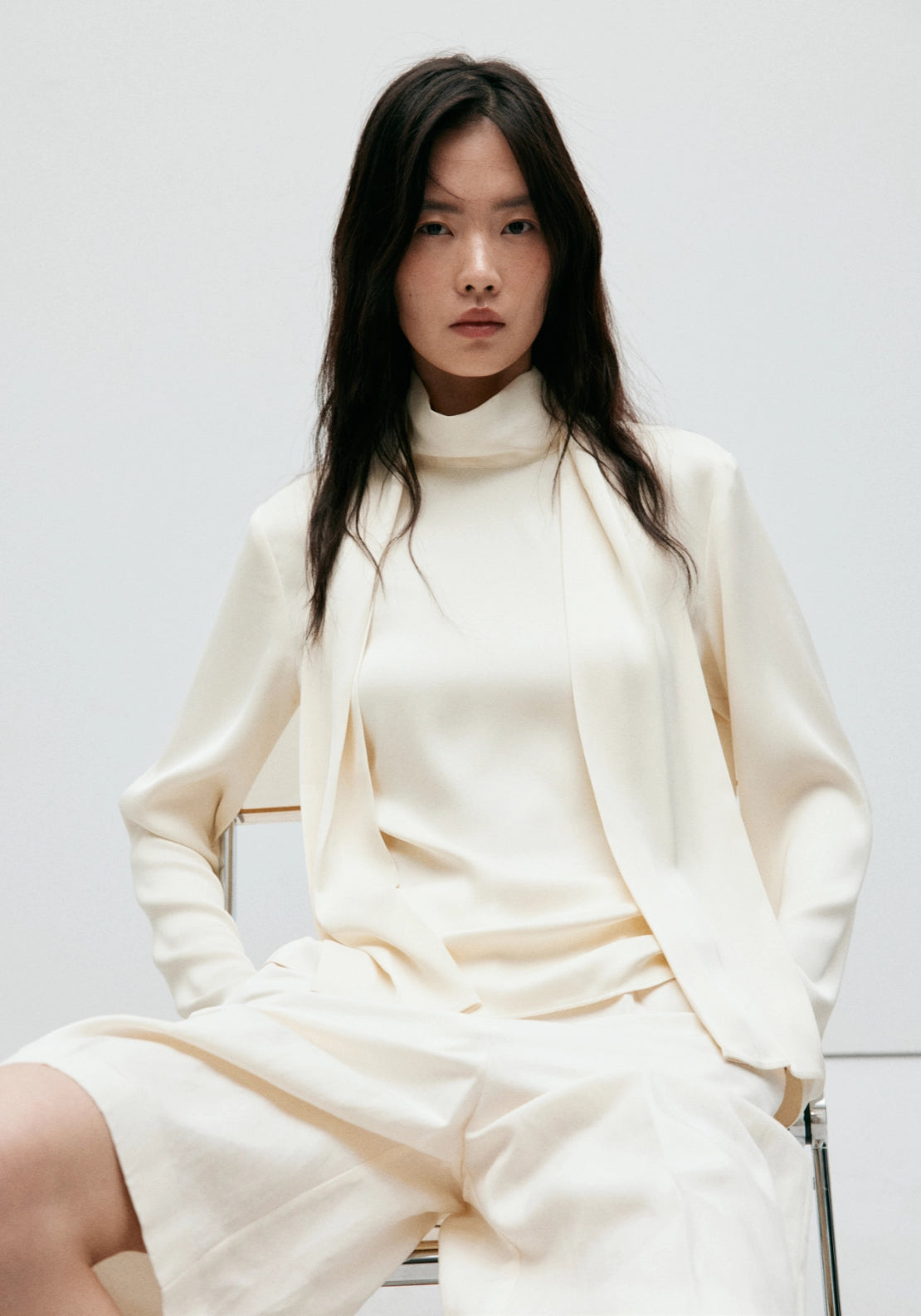 High Neck Blouse With Scarf Detail - Cream