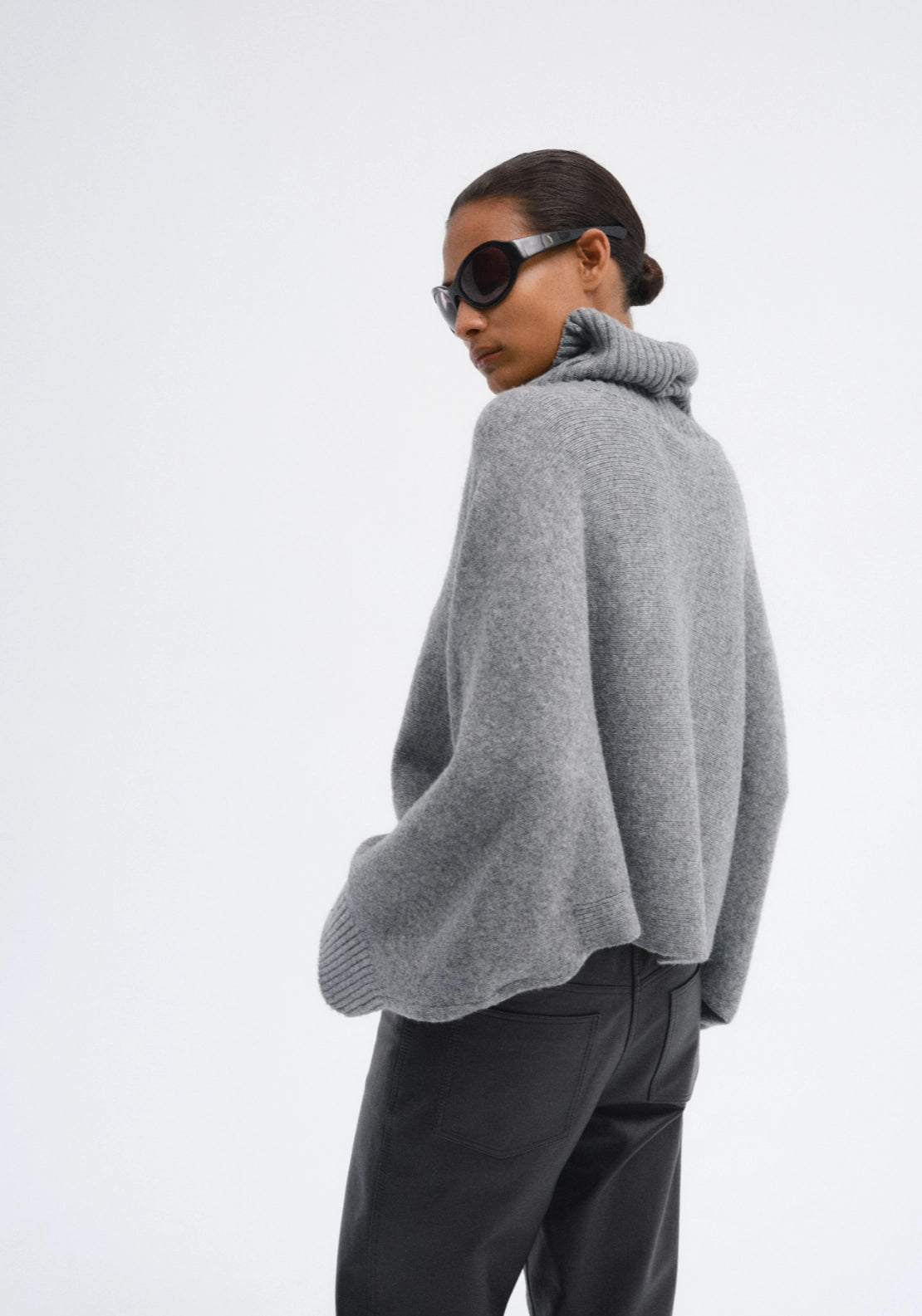 Plain Knit Cape Roll-Neck Collar - Grey
