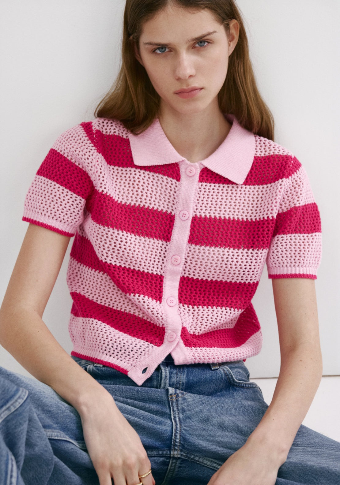 Striped Openwork Knitted Cardigan - Pink