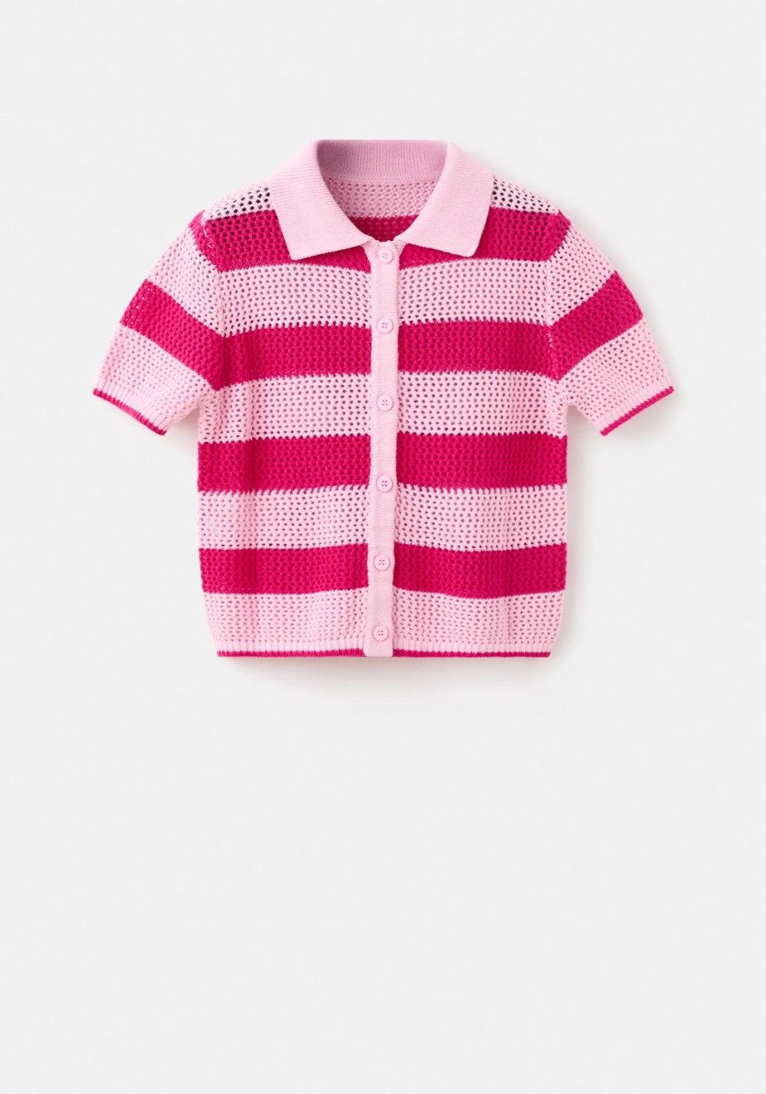 Striped Openwork Knitted Cardigan - Pink
