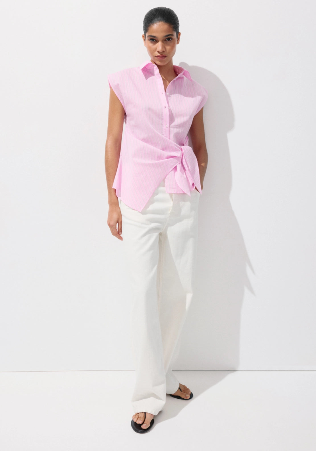 Cotton Striped Tie Shirt - Pink