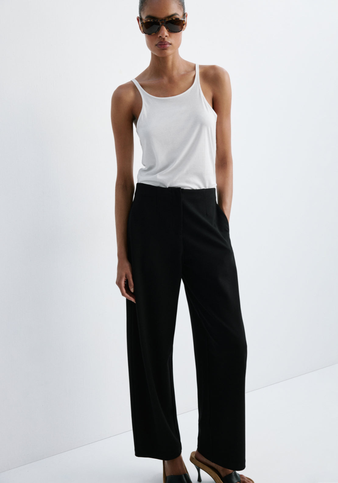 Straight Fine Knit Long Trousers - Black