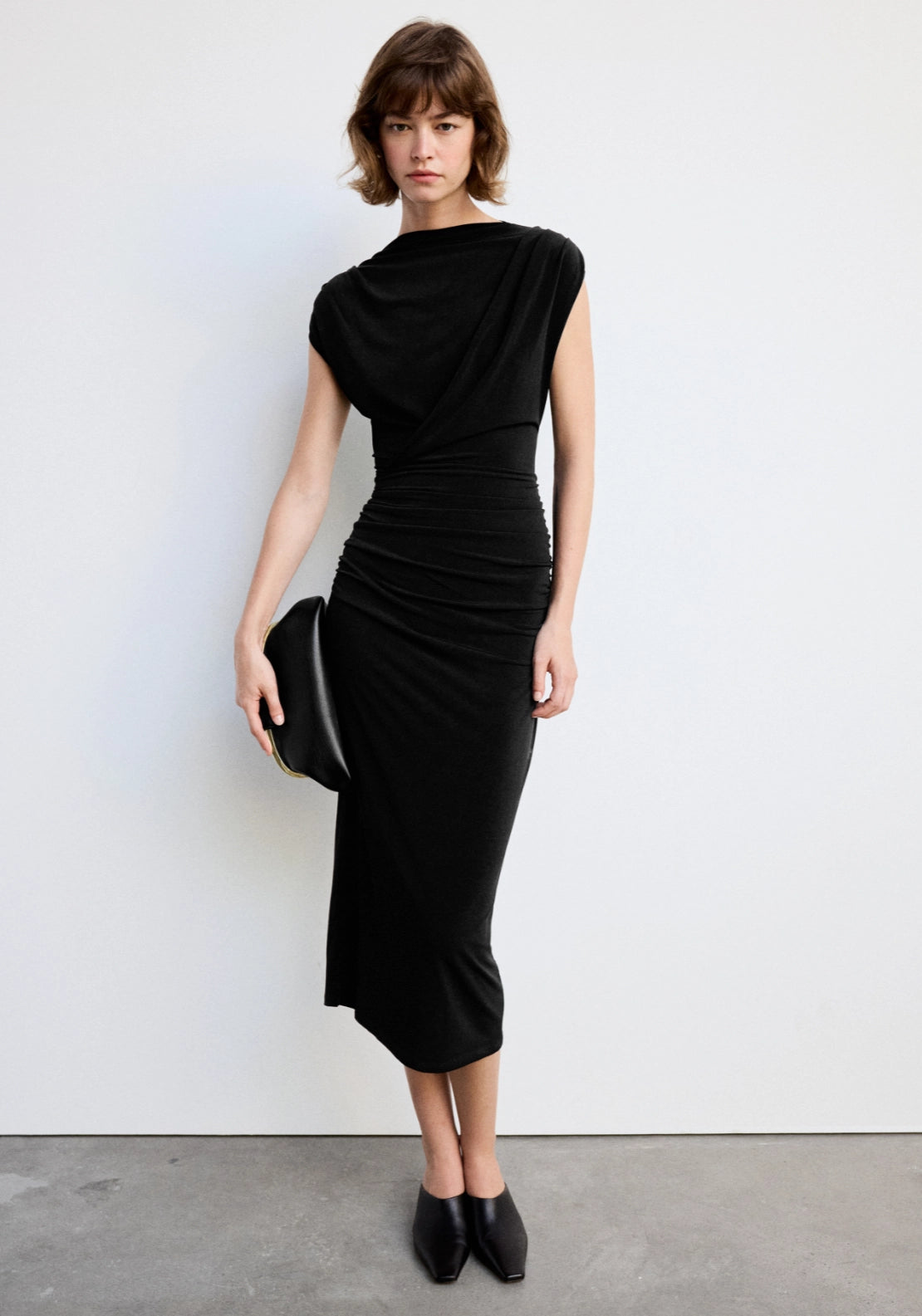 Draped Midi Dress - Black