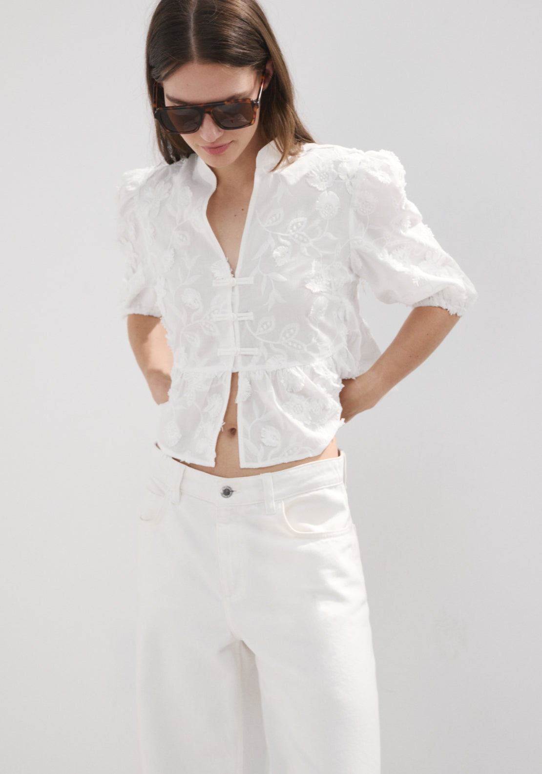 Embroidered Puff Sleeve Blouse - White